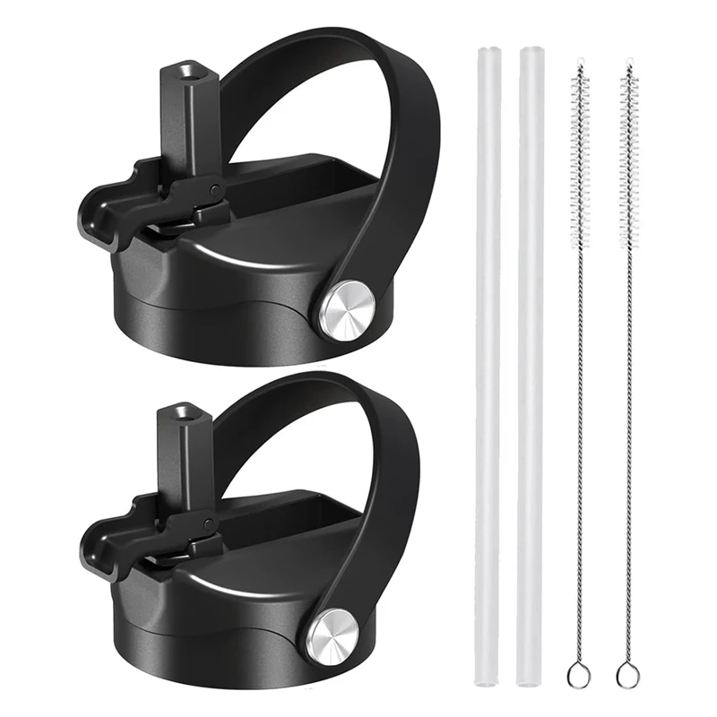 

2 Pack Straw Lid For Hydro Flask Wide Mouth 12Oz 18Oz 32Oz 40Oz 64Oz, Flexible Handle Replacement Lid Straws Black