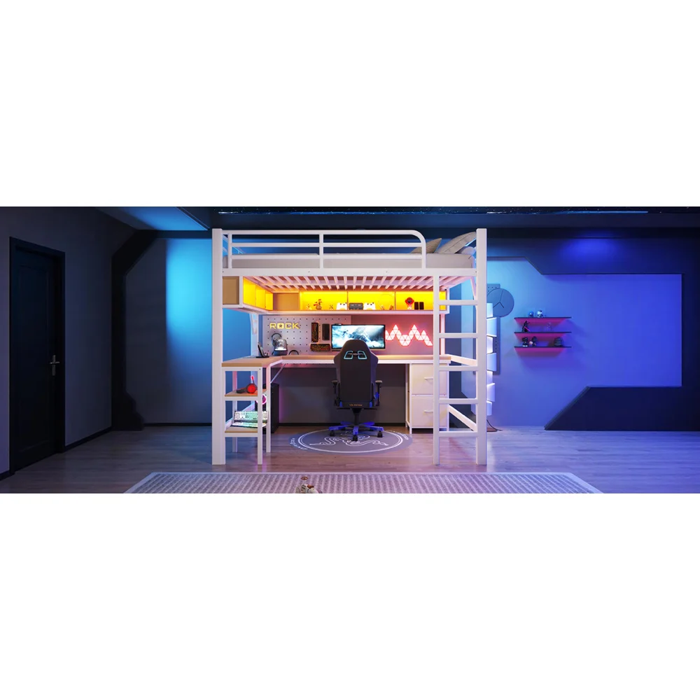 140 x 200 cm modernes Metall-Hochbett für Spiele mit Bücherregal, Kinder-Etagenbett mit Schreibtisch und Kleiderschrank, USB- und LED-Beleuchtung, weiß – Detail 10