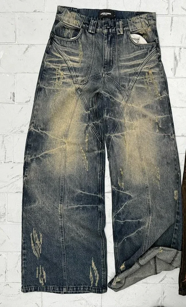 thumbnail image 1 of Pantalones vaqueros holgados de cintura alta con lavado retro Y2k, pantalones vaqueros viejos rotos para mujer, pantalones rectos de pierna ancha de hip hop, pantalones de moda urbana, 1 of 4