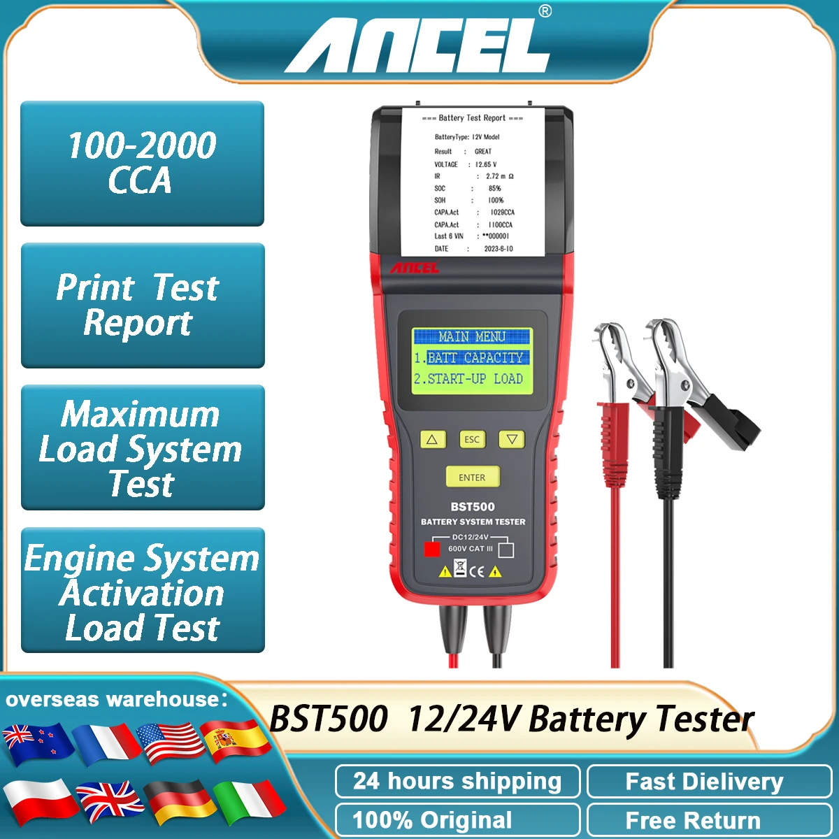 ANCEL BST500 100-2000 CCA Car Battery Tester 12v/24v Truck with Printer Cranking Charging System Test Auto Battery Analyzer