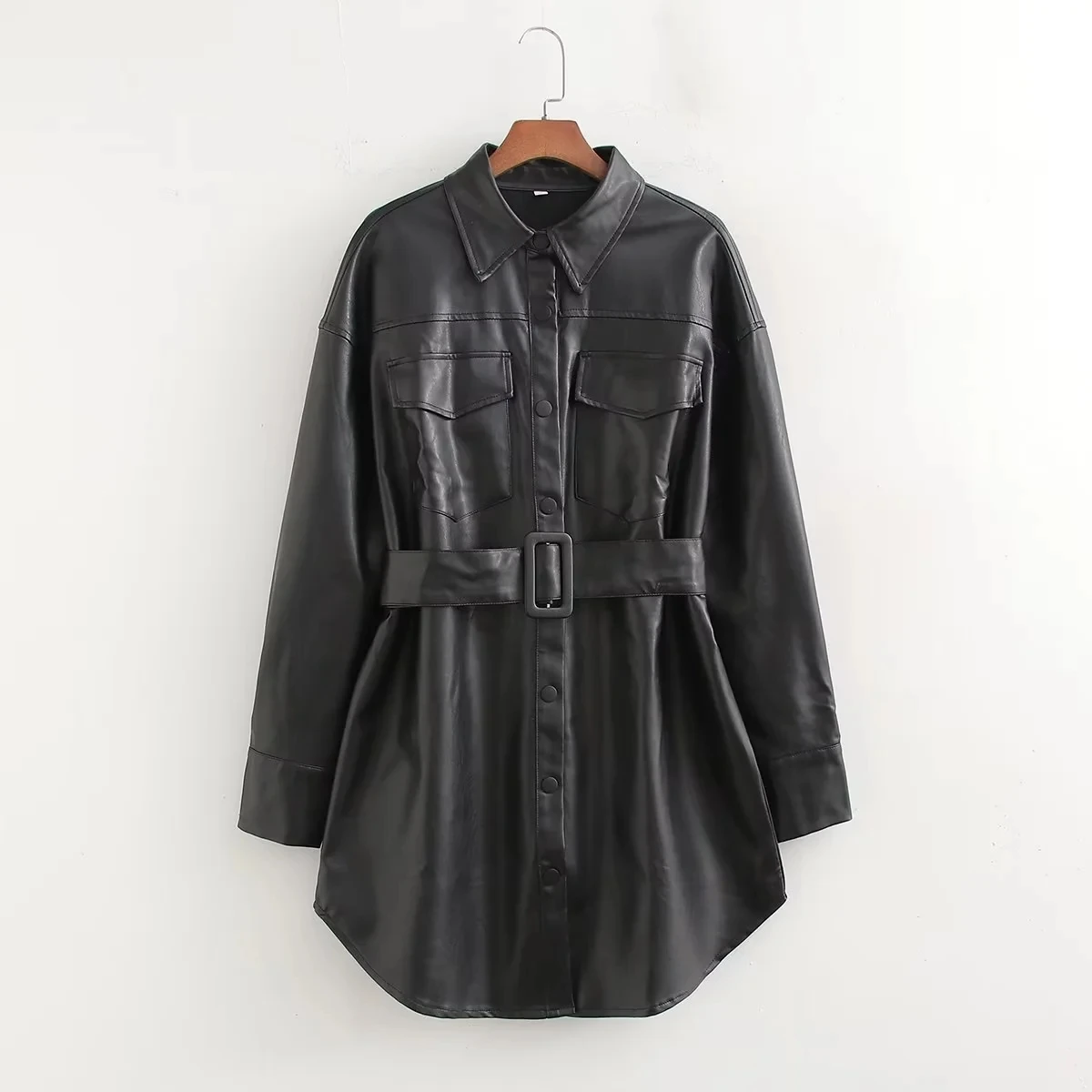 

TRAF Woman Artificial Leather Long Jacket Black Lapel Long Sleeves Belt Jackets 2024 Autumn Winter Lady Oversize Windbreak Coats