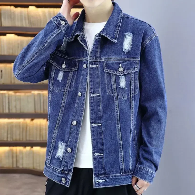 Chaquetas vaqueras para hombre, abrigo vaquero claro de otoño para hombre, roto con agujero, moda, precio bajo, una pieza, estilo vintage Y2k G coreano desgastado
