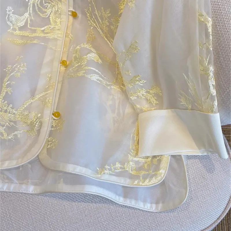 New Chinese Style Embroidery Women's Heavy Industry Cold Long Sleeve Thin Shirt