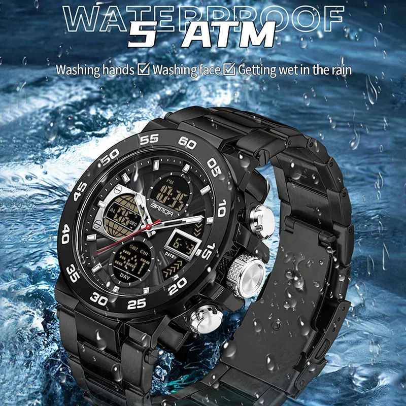 SANDA New Steel Strip Sports Men's Watch Dual Display Dual Movement 5ATM Waterproof Multi functional Man Electronic Quartz Watch view 2