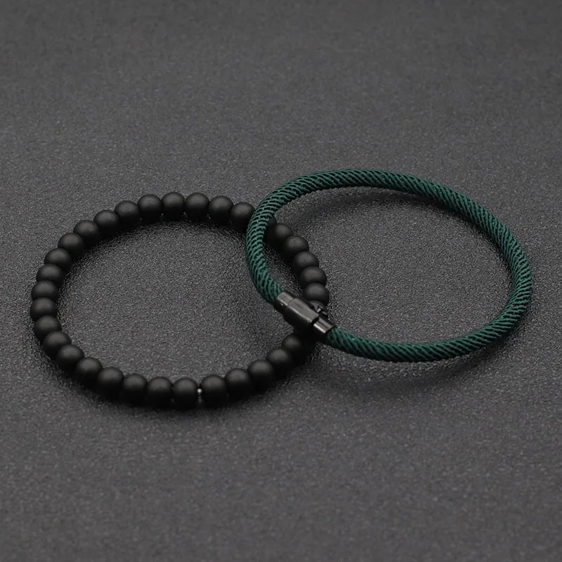 Unisex Onyx Stone Cord Bracelet Set for Couple