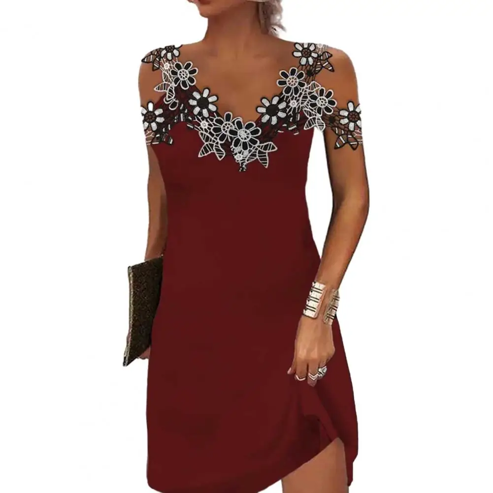 

V-neck Lace Dress Women's V-neck Lace Sling Mini Dress Cold Shoulder Sleeveless Slim Dress