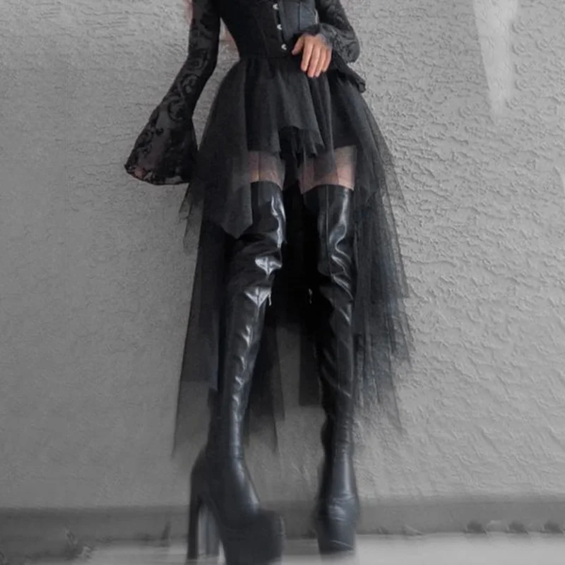 New Goth Fashion Women Irregular Skirt Lace Patchwork High Waist