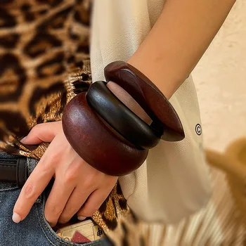 Maillard Vintage Punk Coffee Black Wood Bangles Fashion Hip Hop Round Geometric Wide Bangles Women Men Bracelet Jewelry