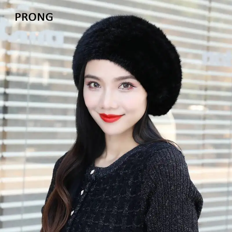 Women Mink Fur Berets Winter Warm Beanie Hat Solid Color  display picture 1
