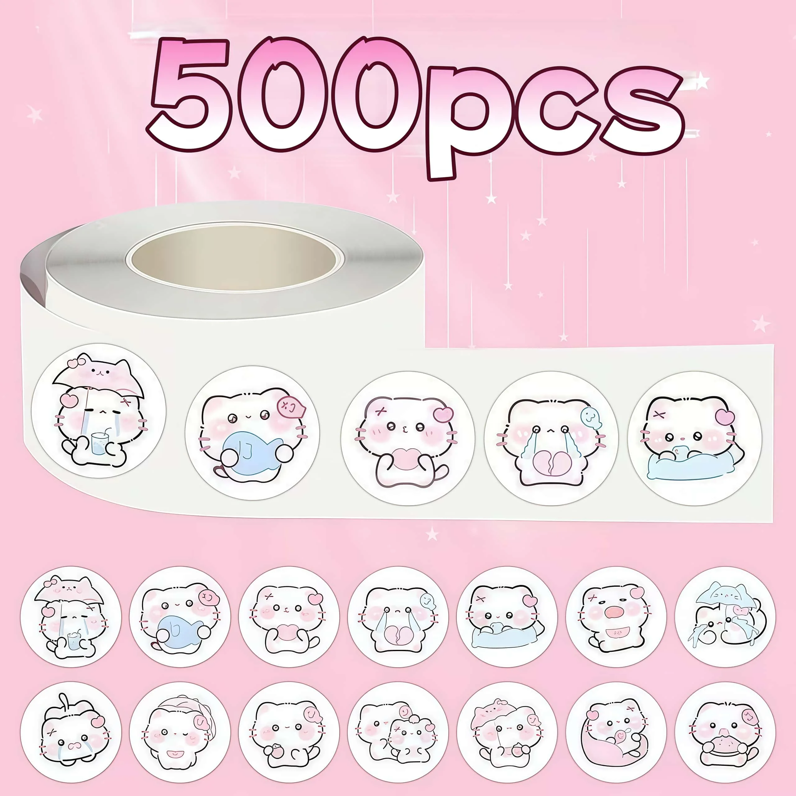 500개 귀여운 핑크 블러쉬 새끼 고양이 스티커 롤, 저널링, DIY 공예 및 패키지 밀봉을 위한 부드러운 파스텔 멀티 표현 고양이 데칼