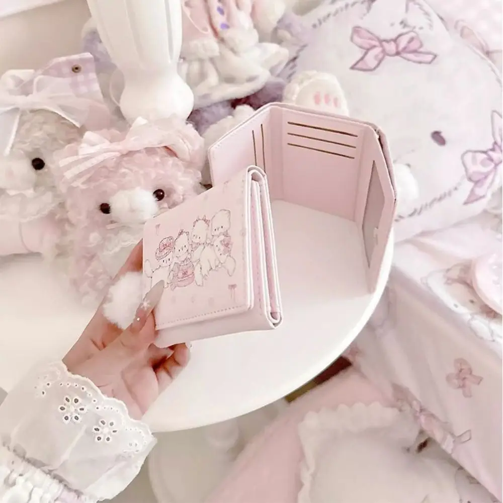 Compact Kawaii Cat Print PU Leather Wallet - Pink Foldable Coin and Card Holder