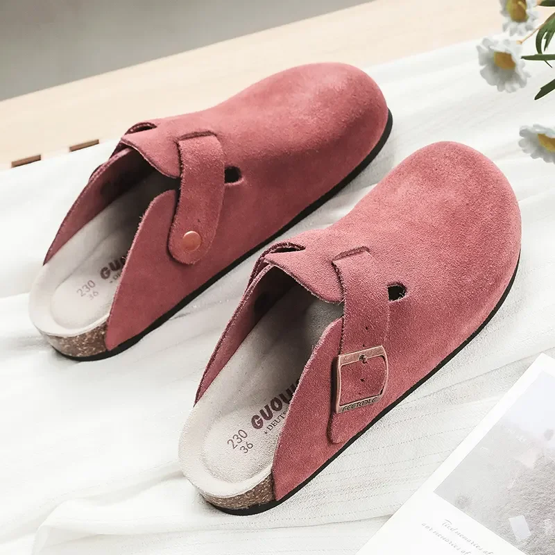 Guoluofei Clogs Women's Men Cow Suede Genuine Leather Round Toe Slippers Outdoor Casual Beach Cork Sandals