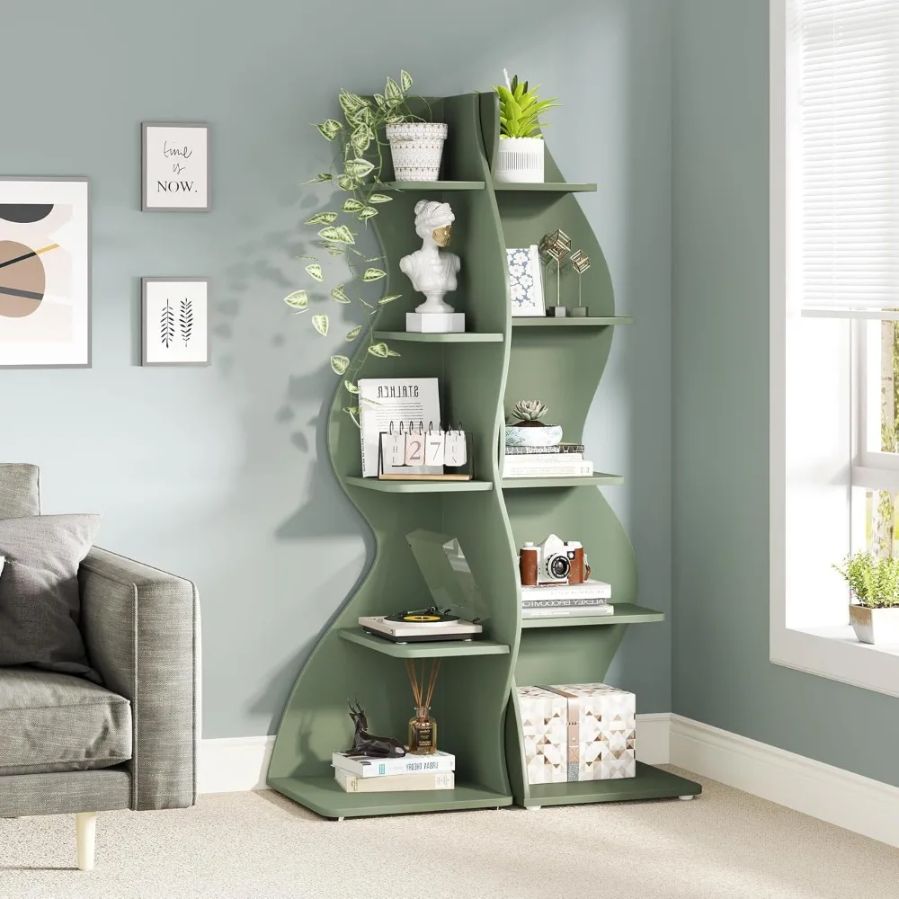 Modern 5-Tier Wall Corner Bookshelf, Stylish  Small Bookcase Storage Rack Plant Stand with Unique Shape for Living Room 4