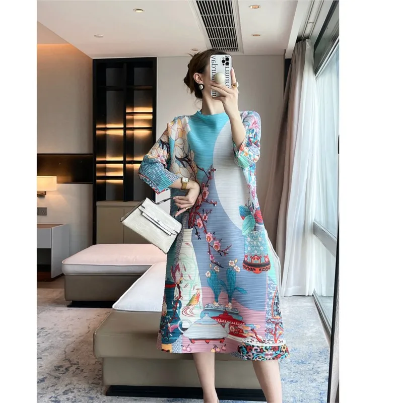 

2023 Autumn New Fold Vintage Flower High Grade Dress Women's Loose Mid length Dress Female Fashion Beautiful Party Vesidos