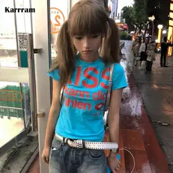 Karrram Vintage Y2k Letter Print Crop Top Tee - M (Blue)