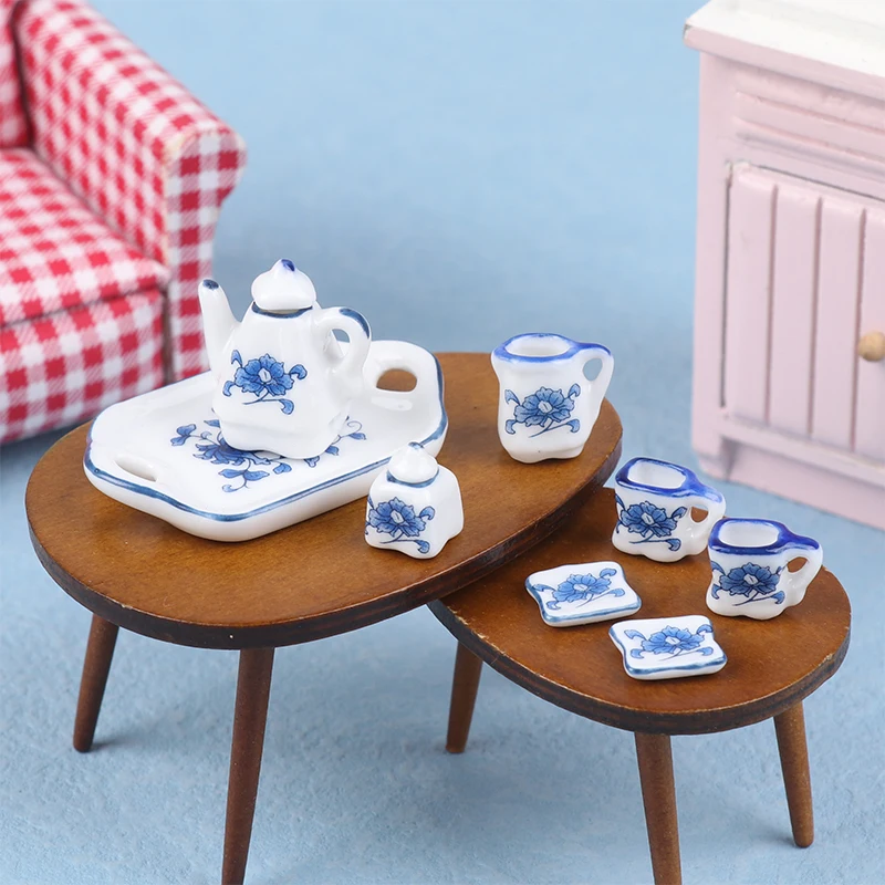 

1Set 1:12 Dollhouse Miniature Ceramic Tea Set Kettle Cup Tray Flower Tableware Kitchen Decor Toy Doll House Accessories decor