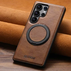 Luxury Classic Business Oil Wax Texture Faux Leather Phone Case with Magnetic Stand Cover - Galaxy S23 Ultra (Brown)