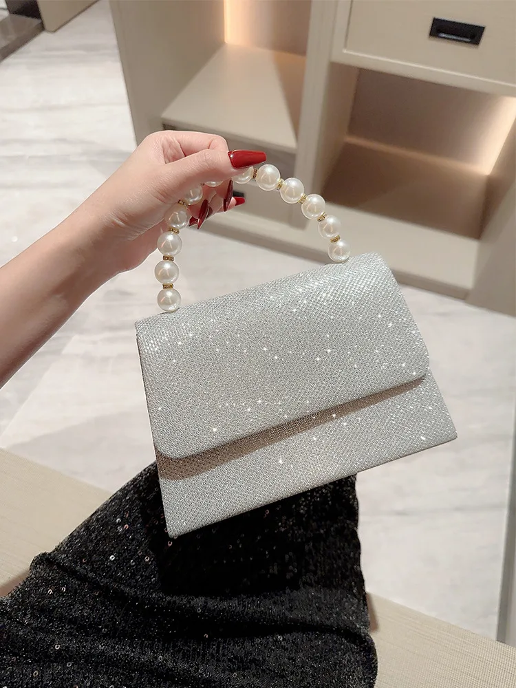 Women shiny shoulder bags gold crossbody bags fashion pearl chain shell clip small handbag evening clutch bag