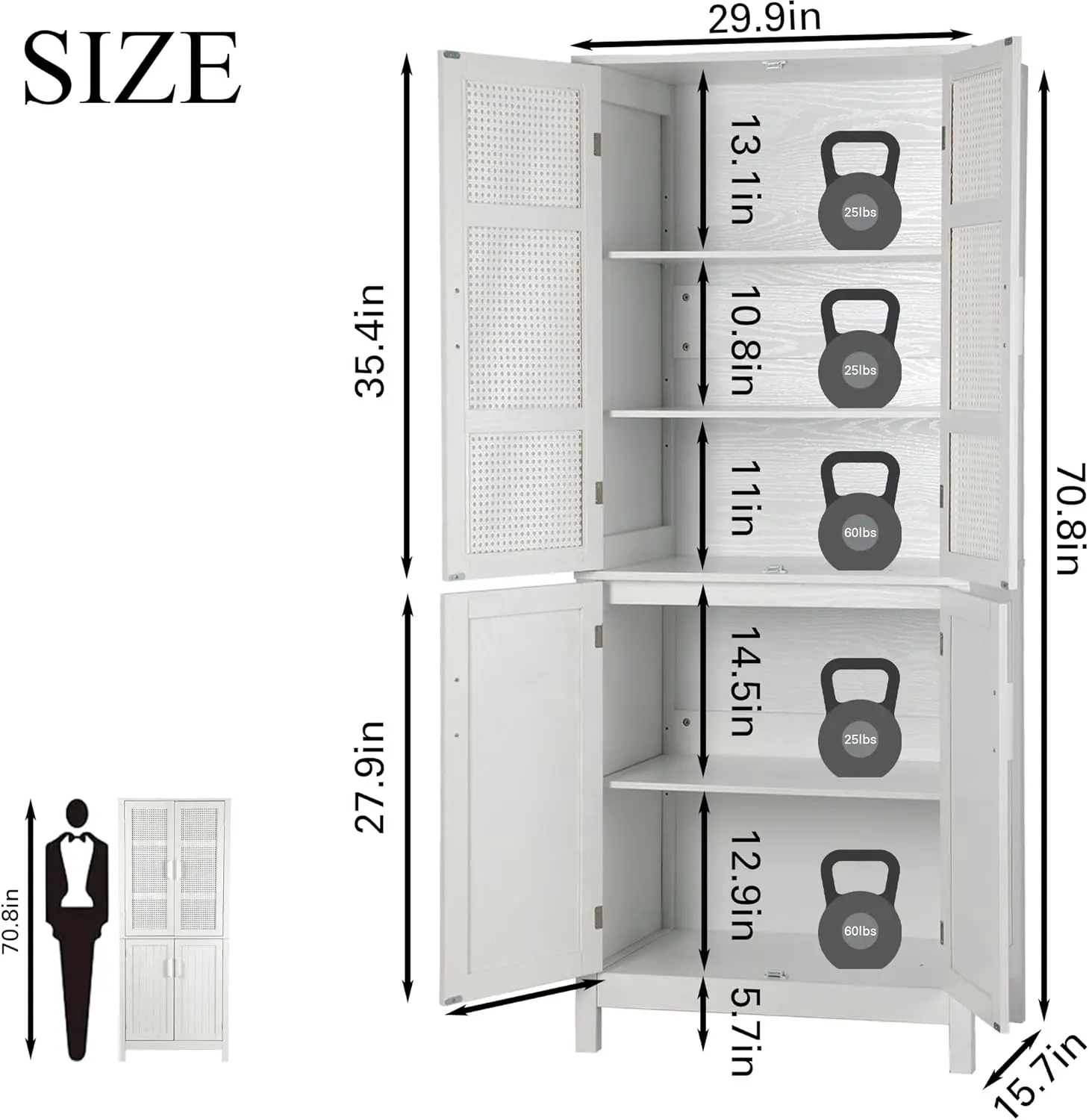 71"Kitchen Pantry Storage Cabinet,Tall Storage Cabinet with Rattan Doors & Adjustable Shelves, Freestanding Cupboard Wood Pantry