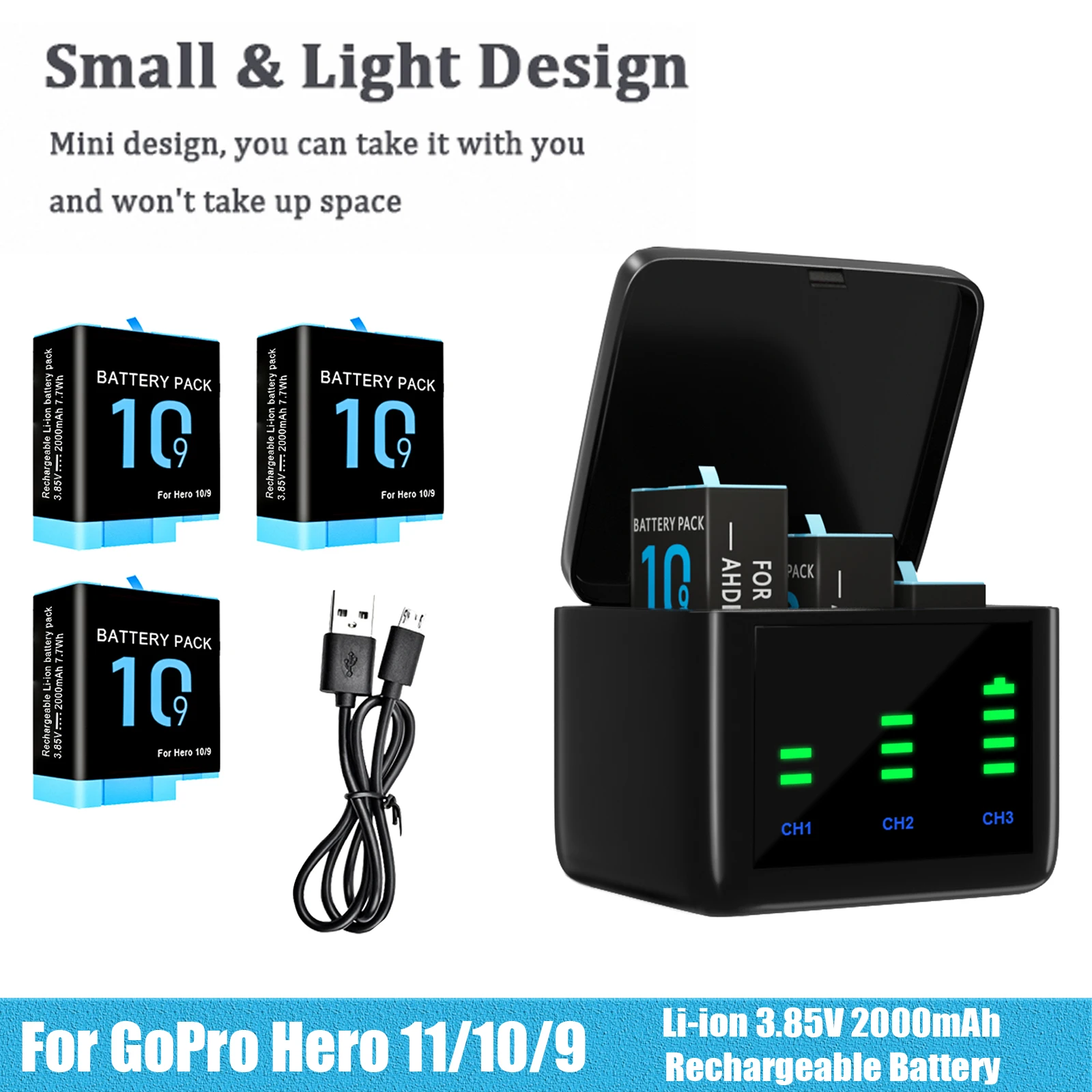 Batteria 3.85V 2000Mah Per Go Pro Hero 11 Hero 10 Accessorio Per Fotocamera Caricabatteria Caricabatteria Gopro Hero 9 Nero