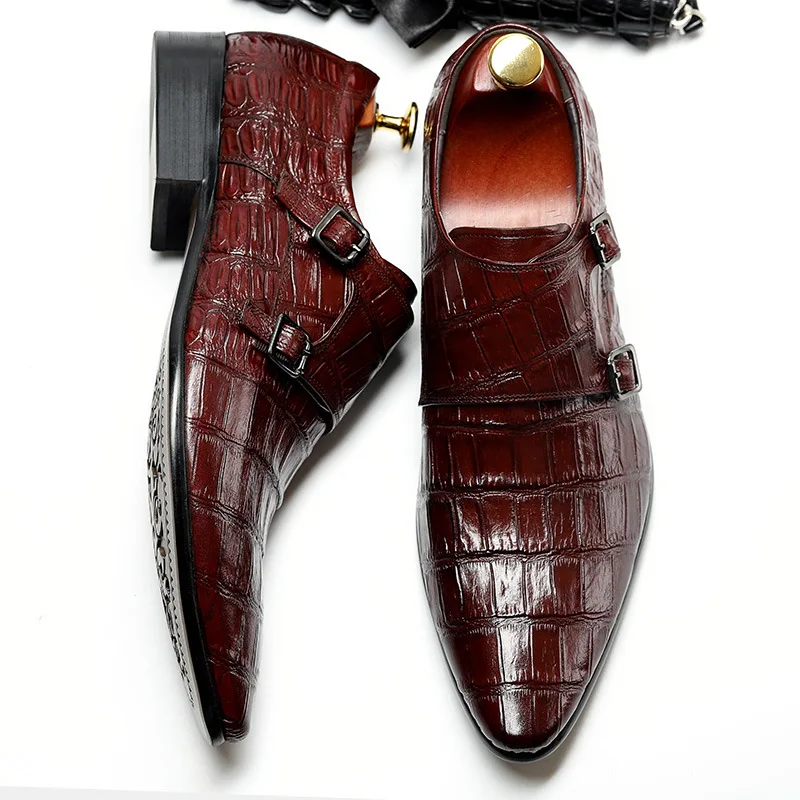 

Size 6 To 10 Black Men Dress Shoes Genuine Leather Crocodile Pattern Monk Strap Oxford Double Buckles Business Formal Shoes Male