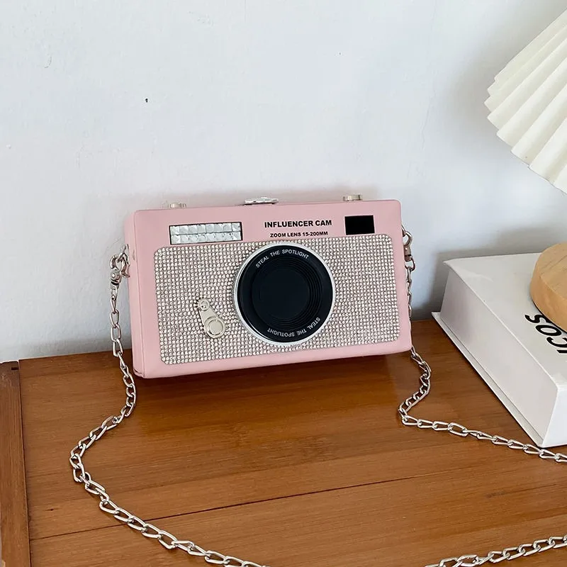 Korean Faux Camera Shape Shoulder Bag Women Chain Rhinestone Box Crossbody Bag Ladies Fashion Unique Design Small Square Bag New