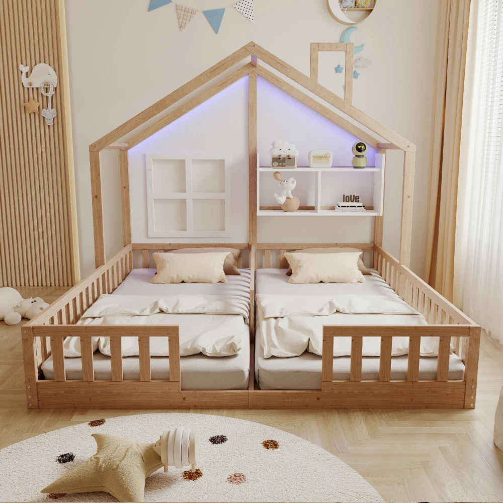90×200cm Kinderbett, Holz-Doppelbett, Hausdesign mit Fenstern und Schornstein, LED-Beleuchtung, Sicherheitsgitter, Stauraum – Detail 17