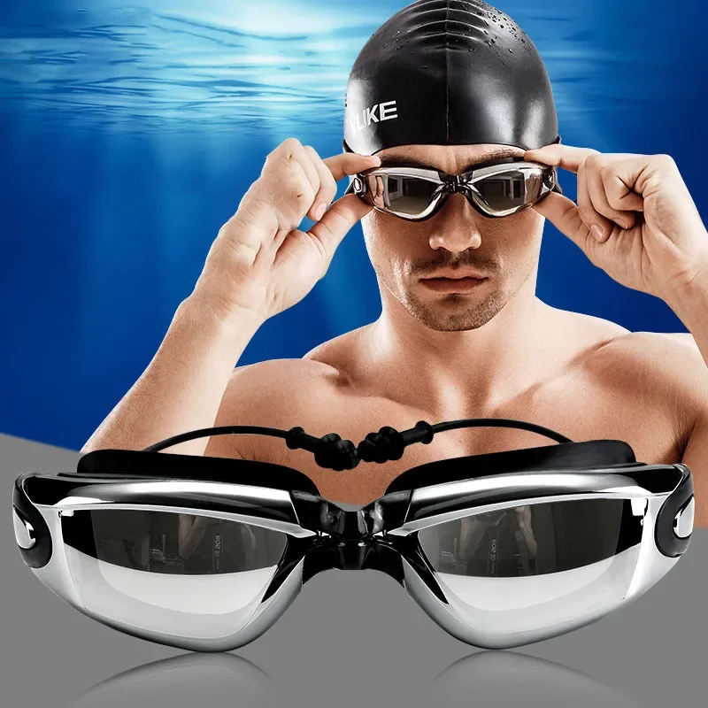 Swimming Goggles with Earplugs Adult Waterproof Fog-proof Swimming Glasses Unisex Electroplated Large Frame Swim Eyewear