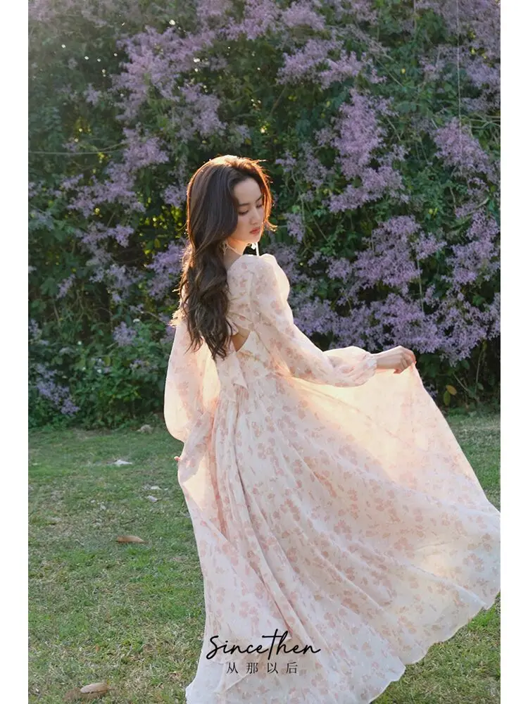 

Women Pink Floral Elegant Korean Fashion Vintage Print Long Sleeved Irregular Skirt Hem Casual Dress Party Spring New