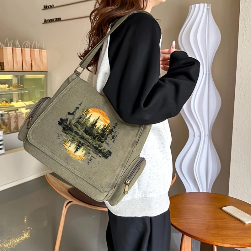 Vintage Women's Shoulder Bag Men's Messenger Bag Crossbody Bag Laptop Bag Canvas Large Capacity Sun Print