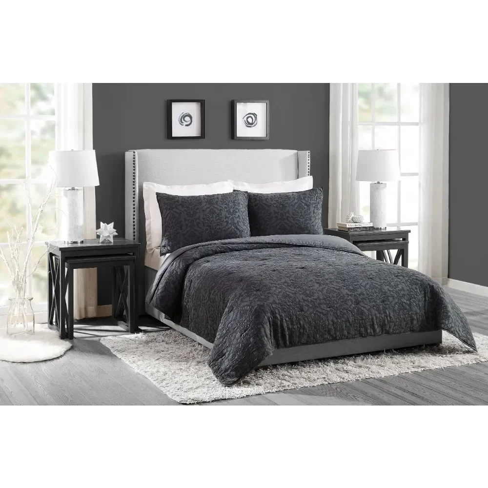 

Gray Damask Full/Queen Quilt Comforter Set Bedding Set