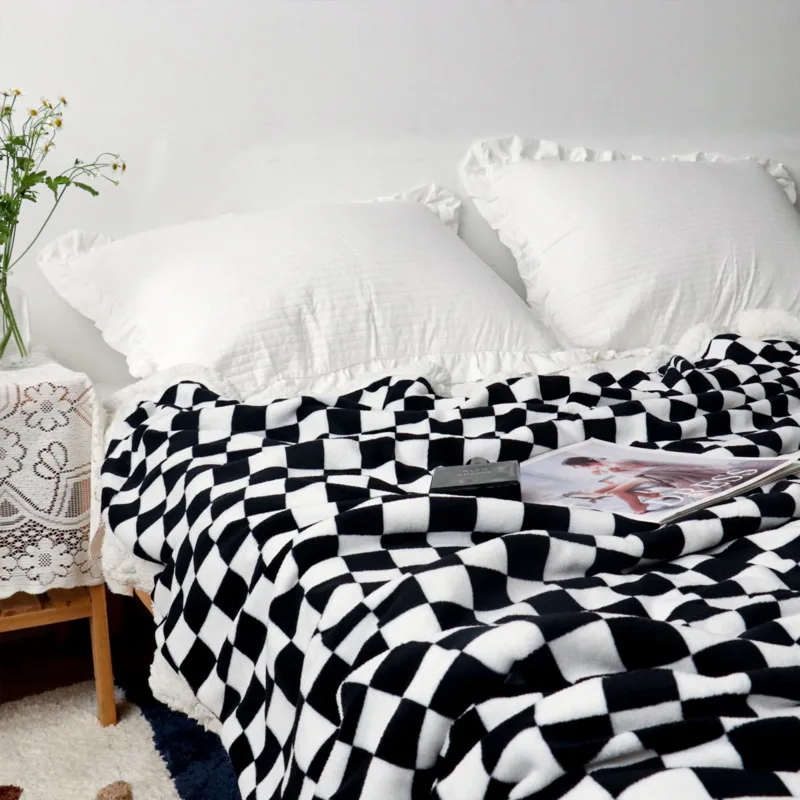 Ins Checkerboard Lambswool Blanket Double Thickened Sofa Leisure Blanket Home Room Dormitory Cover Blanket Nap Shawl