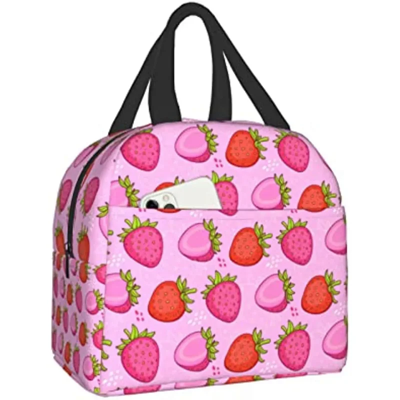 

Pink Purple Strawberry Print Lunch Box Kawaii Small Insulation Lunch Bag Reusable Food Bag Lunch Containers Bags for Women Men
