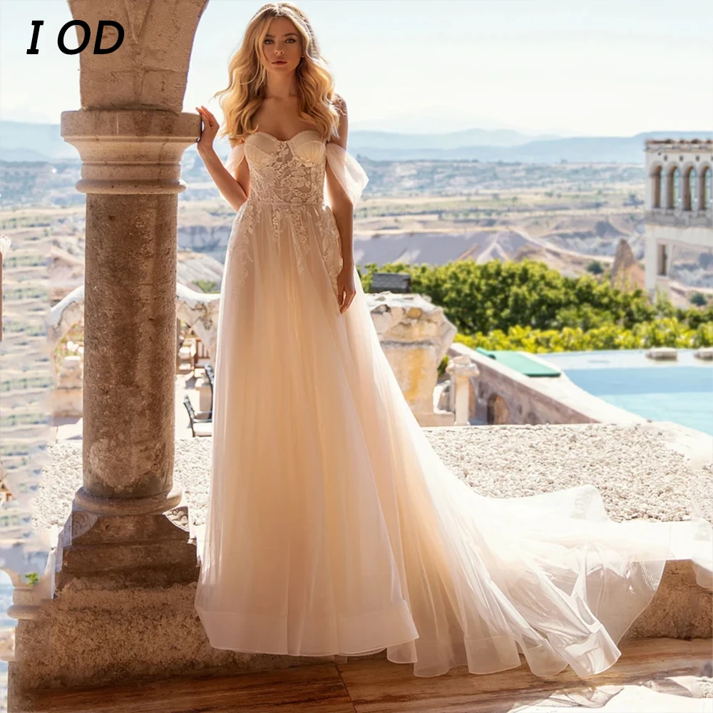 

Женское свадебное платье с аппликацией I OD, элегантное фатиновое платье до пола с открытыми плечами и молнией сзади, платье невесты