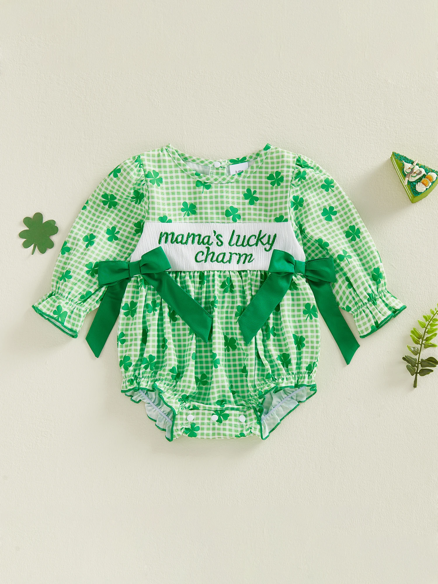 Stylish Baby Girl Plaid Romper with Long Sleeves Crew Neck Embroidered Letters Shamrock Print and Bow Detail - Adorable