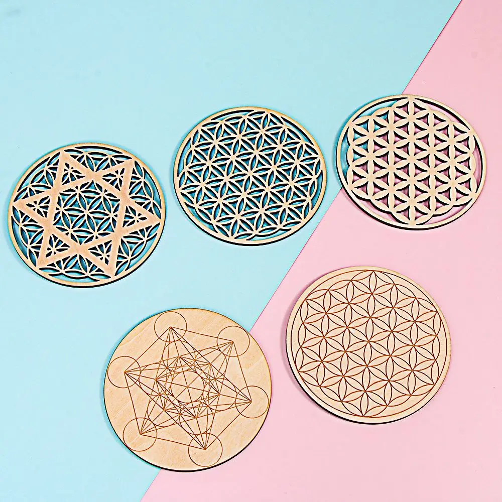 1PC Chakra Flower of life Natural Symbol 7 Kinds Wood Round Edge Circles Carved Coaster For Stone Crystal Set DIY Decor Healing