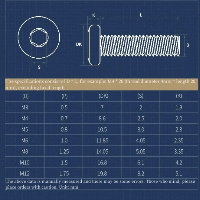 Description Picture 3 of itemM2 M2.5 M3 M4 M5 304 A2 Stainless Steel Flat Hex Hexagon Socket Head Allen Furniture Rivet Screw Connector Joint Bolt