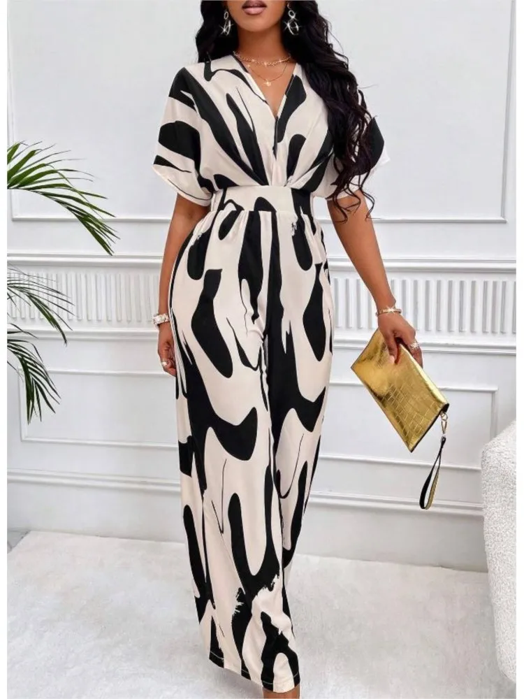 2024 Women Wide Leg Jumpsuit Spring Summer Fashion V Neck