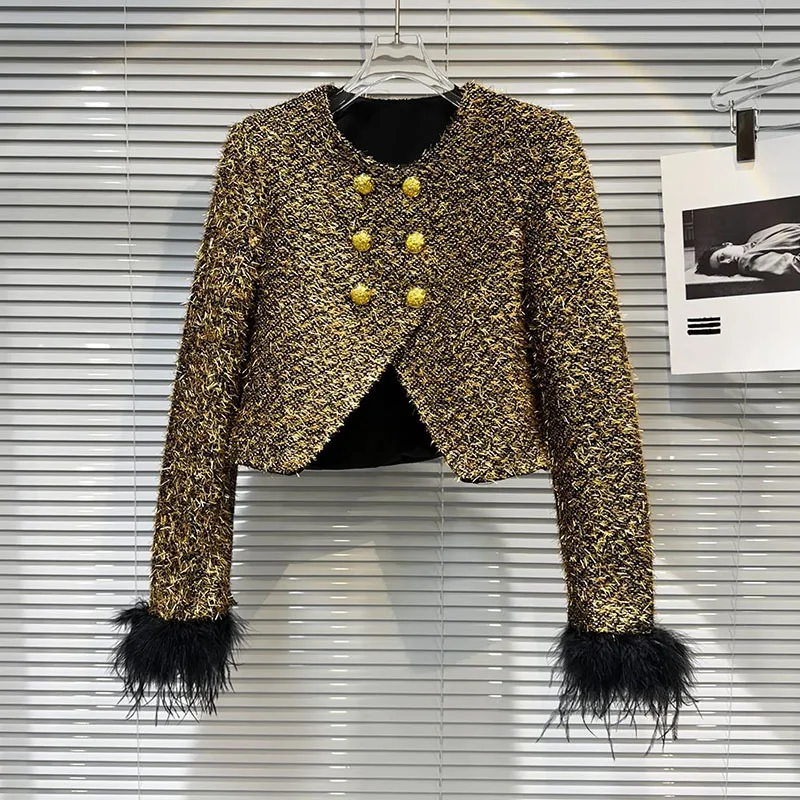

LUXE&ENVY New Little Fragrant Style Metal Button Shiny Silk Fur Cuffs Bevelled Edge Suit Short Coat For 2023 Autumn