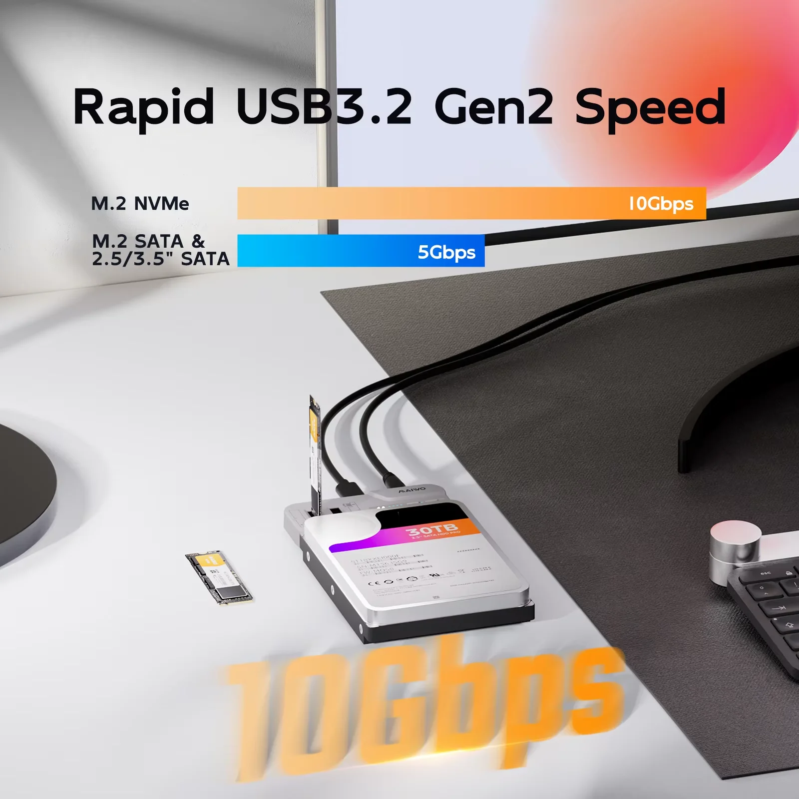 MAIWO 3베이 도킹 스테이션 M.2 NVMe SATA SSD 케이스 & 2.5/3.5인치 SATA HDD 인클로저, 30TB/8TB 지원, 오프라인 복제용 어댑터