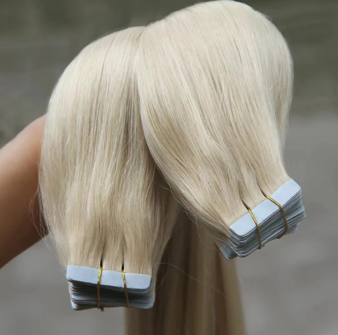 #60 Straight Tape in Human Hair Extensions Remy Human Hair Light Platinum White blonde Seamless PU Skin Weft 100% Real Virgin human hair extension