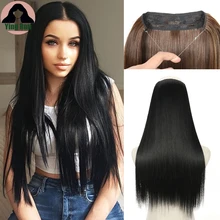 

YINGRUN No Clip Straight Halo Hair Extensions Ombre SyntheticLong Straight False Non-Marking Invisible Fish Line Fake Hair Piece