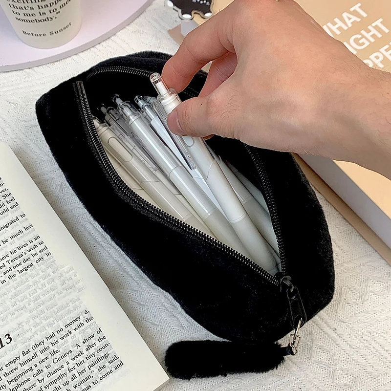 검은 색 플러시 고양이 연필 케이스 연필 가방 대용량 문구 학교 학생 보관 가방 화장품 보관 가방