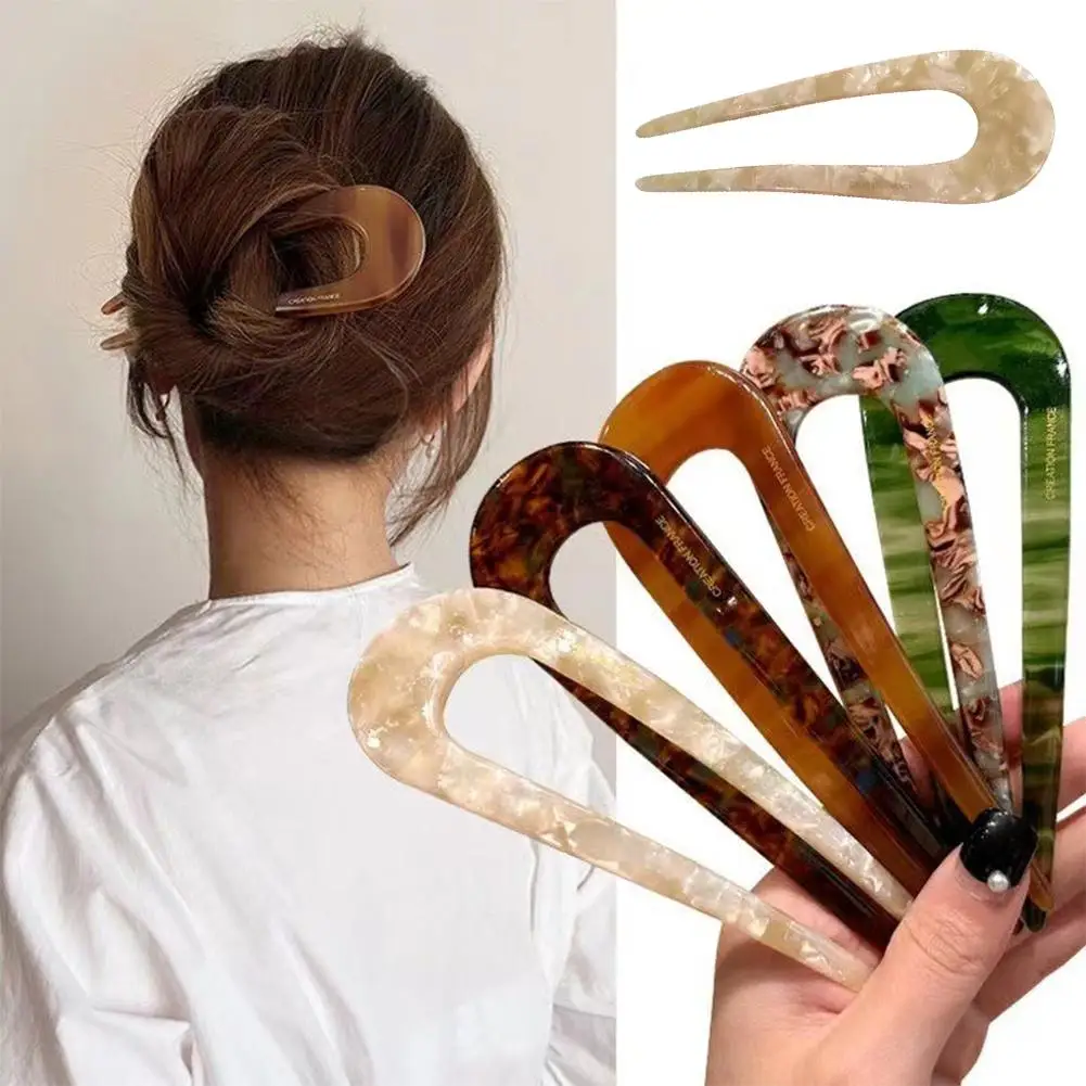 

French Cellulose Acetate Hairpins Forks Vintage Print U-shape Hair Pins Clips 2 Prong Bun Hair Sticks For Women Hair Access B8U9