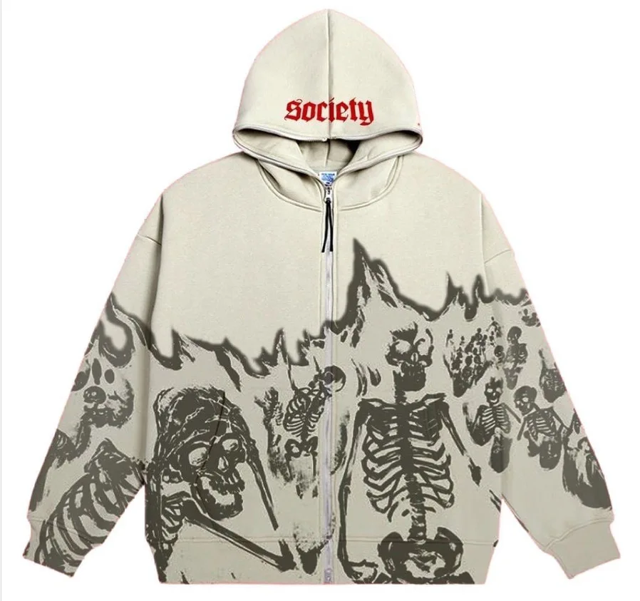 Autumn And Winter Fashion Apricot Anime Skull Pattern Harajuku Retro Street Women's Hoodie Gothic Zipper Sweatshirt Women Tops