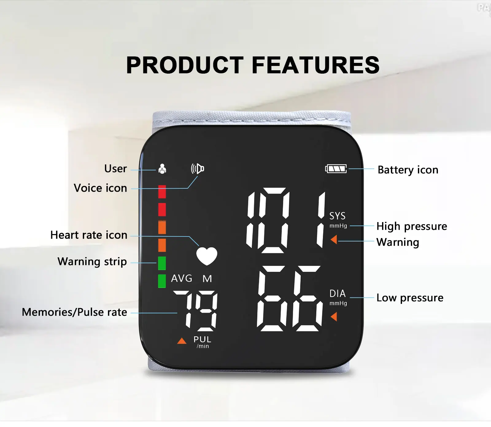 Intelligent Touch LCD Screen Wrist Blood Pressure Monitor Digital Voice Chargeable Heart Rate Household Sphygmomanometer