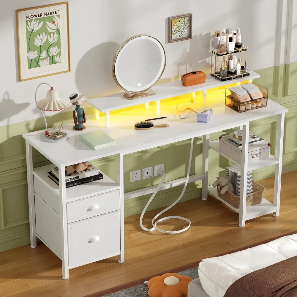 61" Desk with LED Light & Power Outlets, Reversible Computer Table with File Cabinet & Drawer, White Gaming Desk Writing Table
