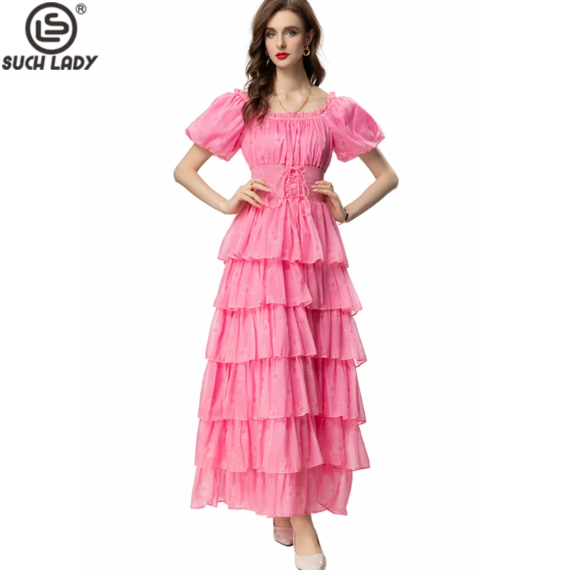 

Women's Runway Dresses Slash Neckline Short Sleeves Printed Tiered Ruffles Lace Up Elegant Designer Party Prom Gown