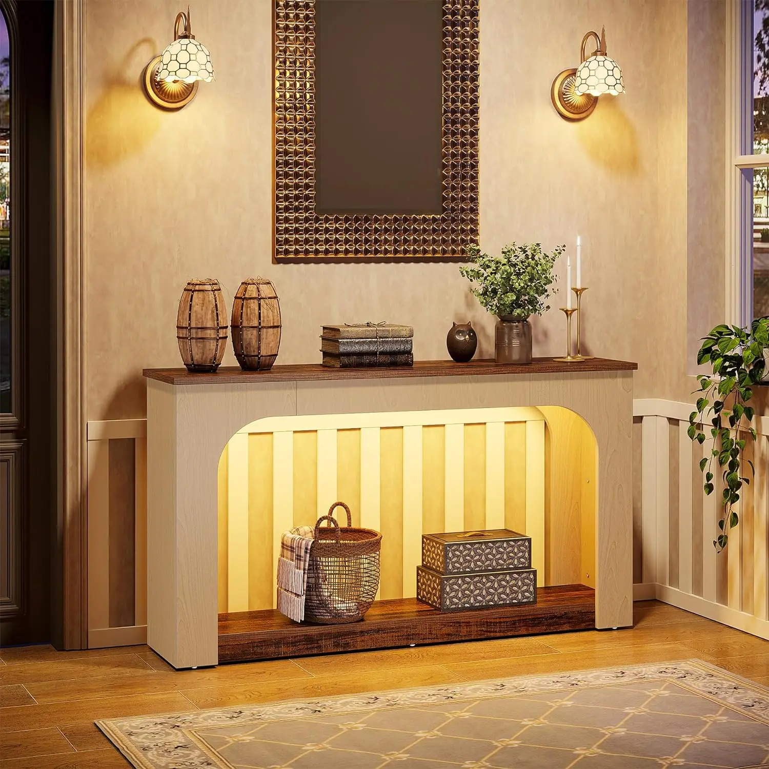 55-Inch Console Table LED Lights Farmhouse 2-Tier Narrow Sofa Storage Wood Foyer Entryway Behind Couch Table