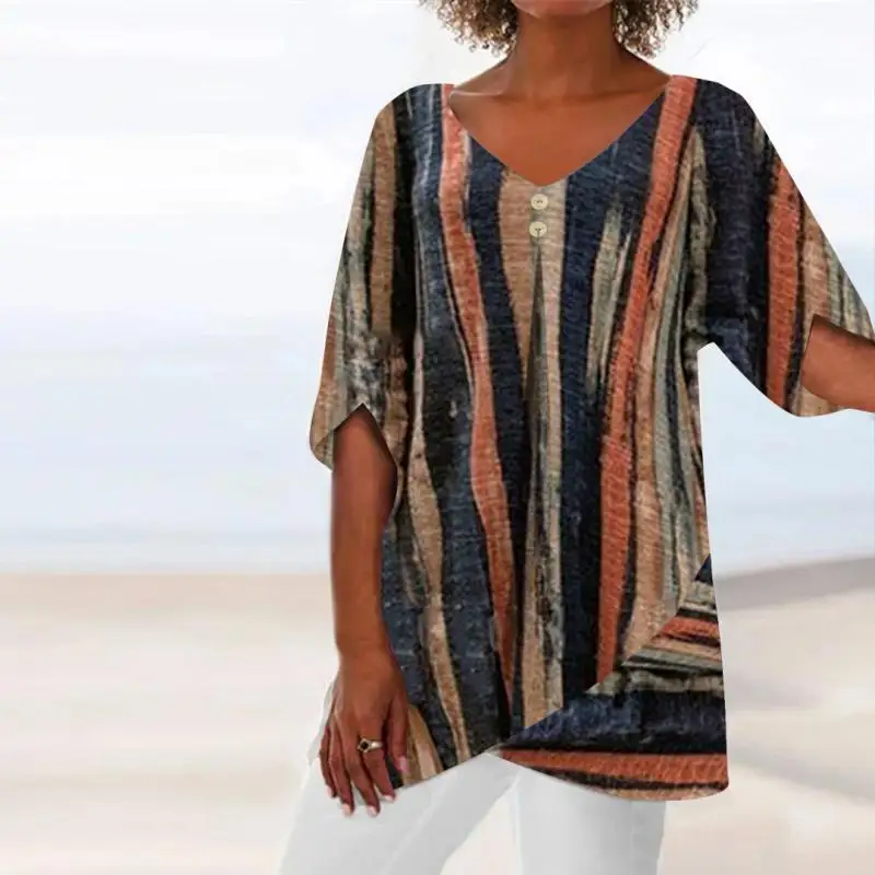 

Plus Size Women Asymmetrical Half Sleeve V-neck Striped Colorblock Button Top